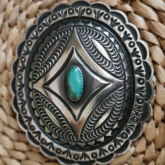 Amazing Vintage Native American Navajo Roland Dixon Concho & Turquoise Brooch 💙 - Picture 9 of 12